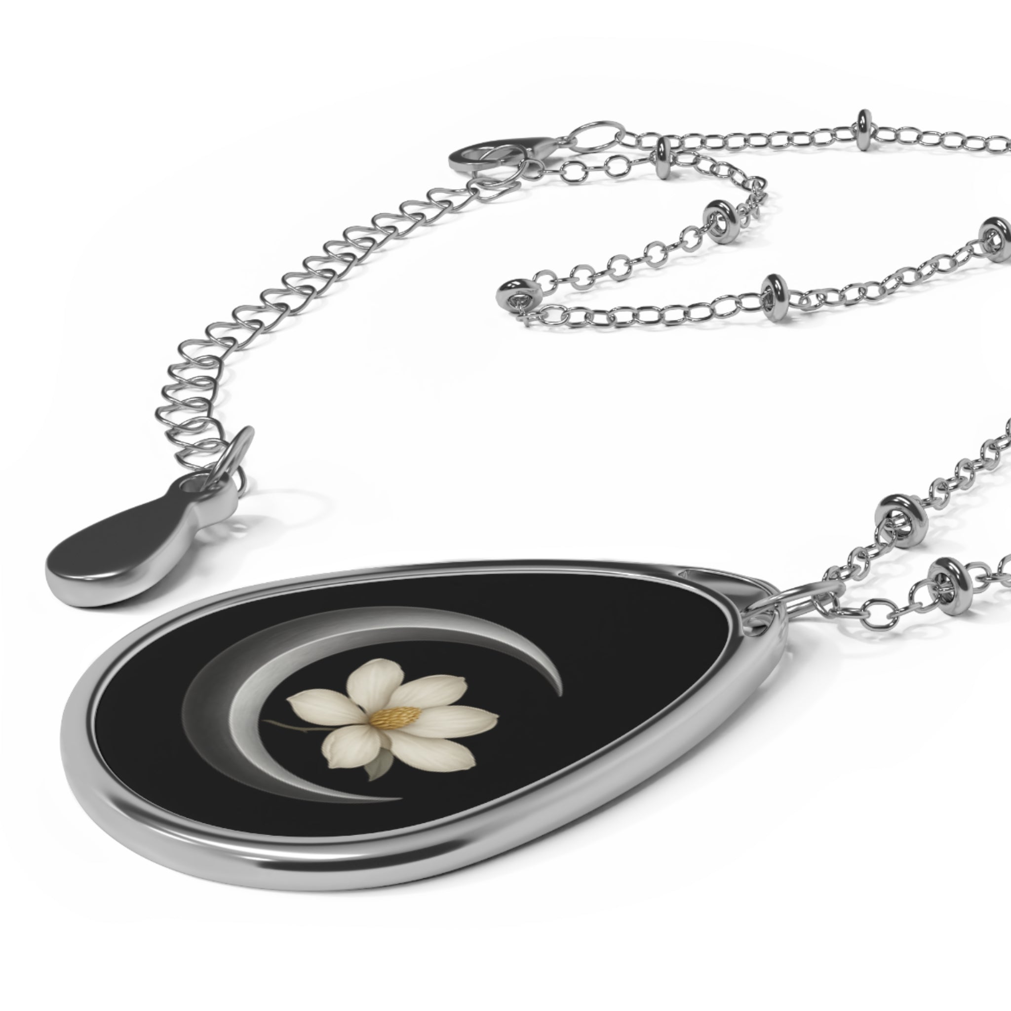 Crescent Moon & Magnolia Blossom Oval Necklace – In the Whispers Jewelry Line (Shadows of the South Collection)