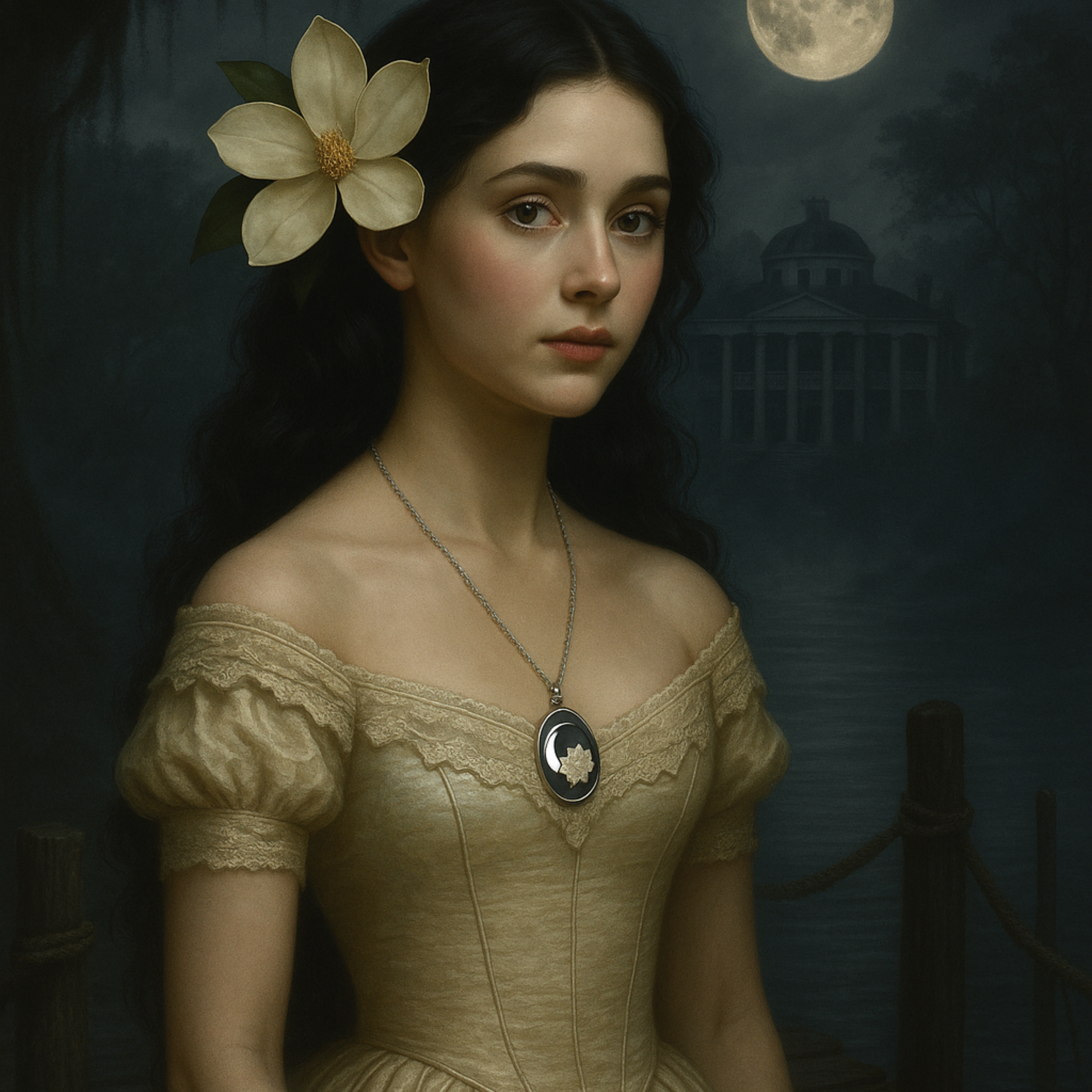 Crescent Moon & Magnolia Blossom Oval Necklace – In the Whispers Jewelry Line (Shadows of the South Collection)