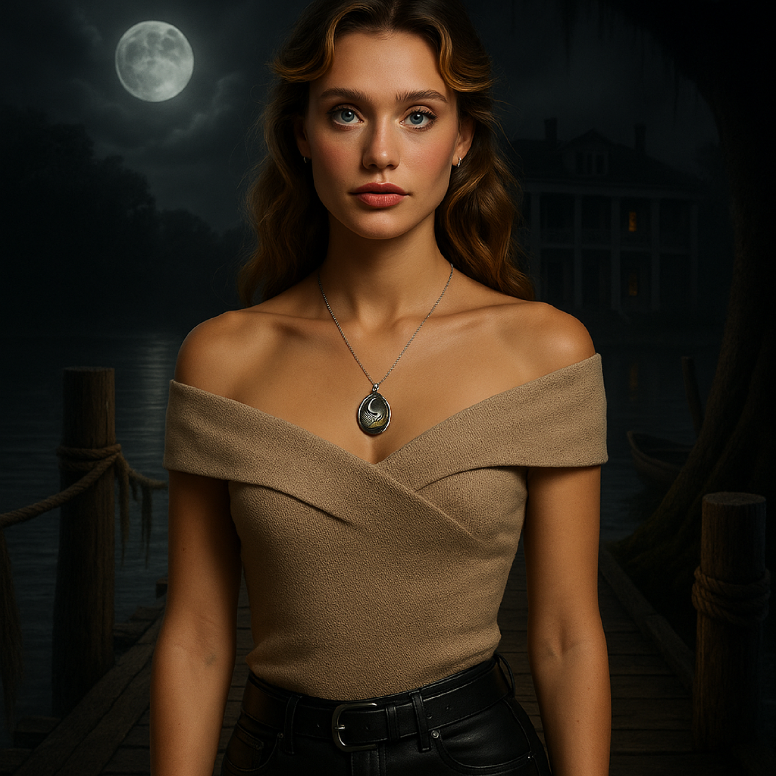 Crescent Moon & Magnolia Blossom Oval Necklace – In the Whispers Jewelry Line (Shadows of the South Collection)