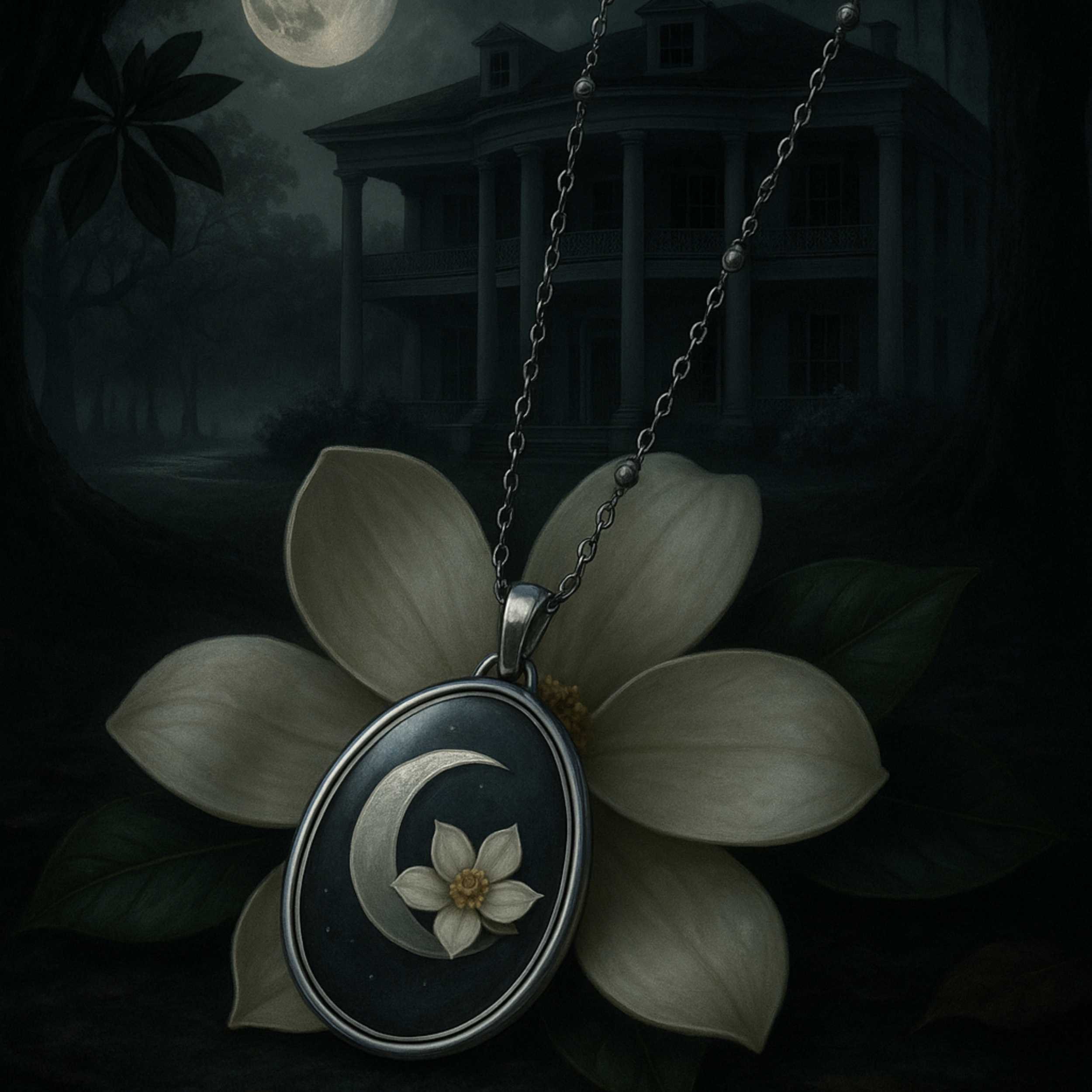 Crescent Moon & Magnolia Blossom Oval Necklace – In the Whispers Jewelry Line (Shadows of the South Collection)