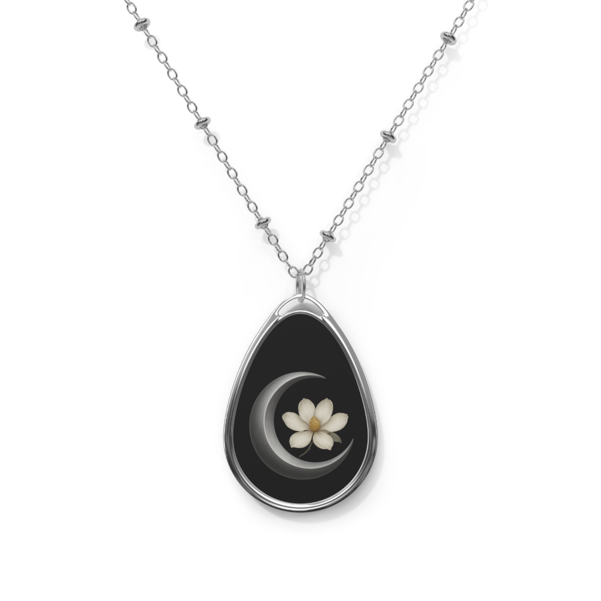Crescent Moon & Magnolia Blossom Oval Necklace – In the Whispers Jewelry Line (Shadows of the South Collection)