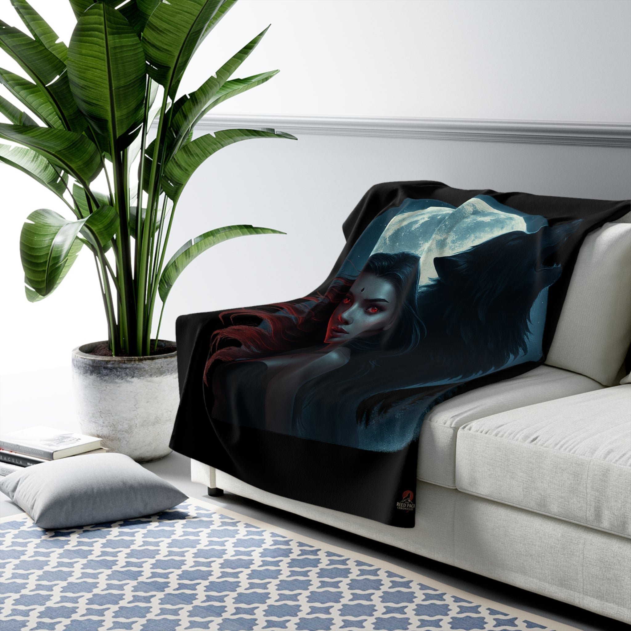Moon’s Shadow Phoenix & Wolf Sherpa Fleece Blanket