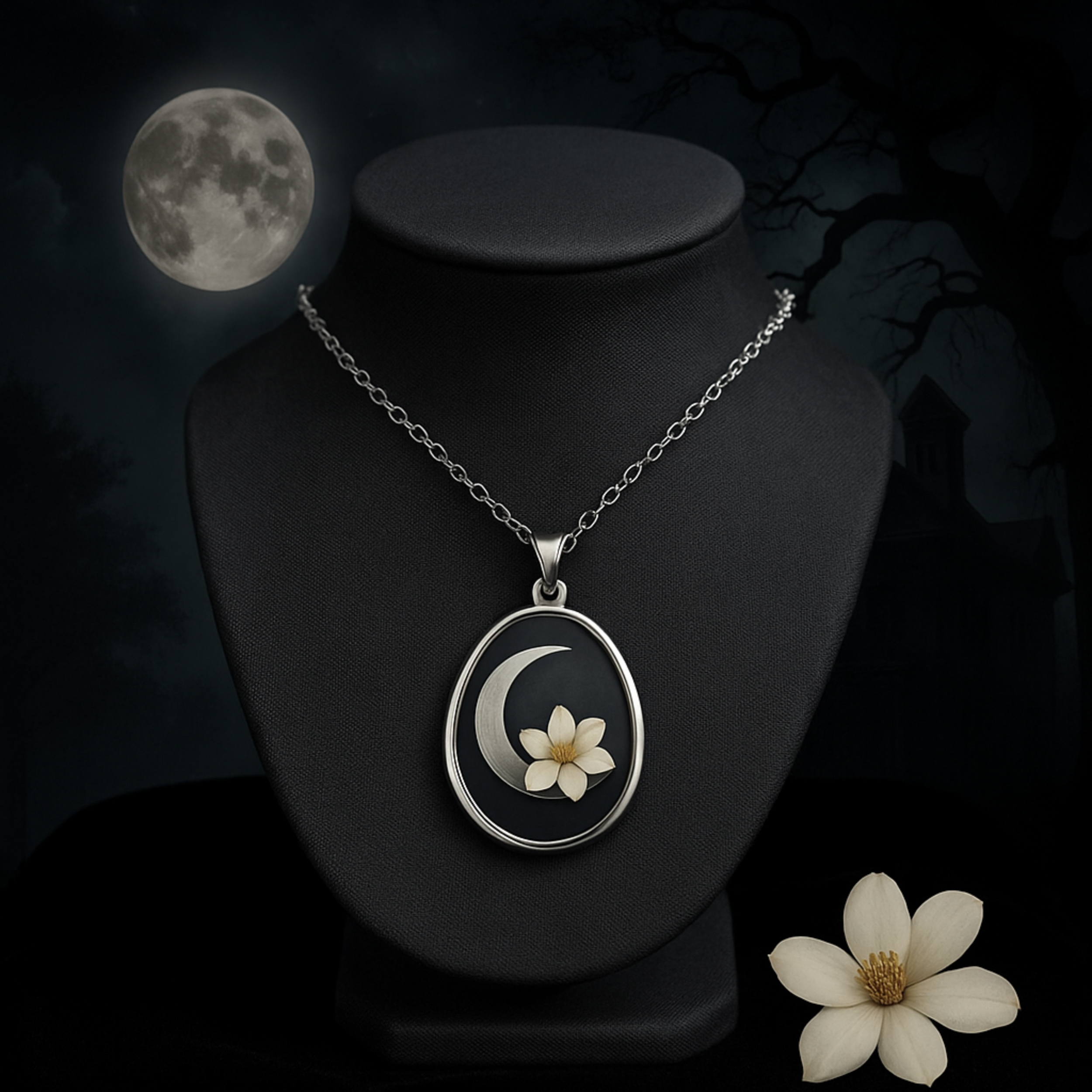 Crescent Moon & Magnolia Blossom Oval Necklace – In the Whispers Jewelry Line (Shadows of the South Collection)